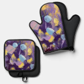 Lively, Purple and Yellow, Abstract Art  鍋つかみ&鍋敷きセット (正面/裏面)