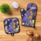 Lively purple, blue, and gold abstract art holiday 鍋つかみ&鍋敷きセット (トップダウン)