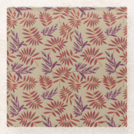 Lively Red and Purple Leaf Motifs on Neutral Beige ガラスコースター