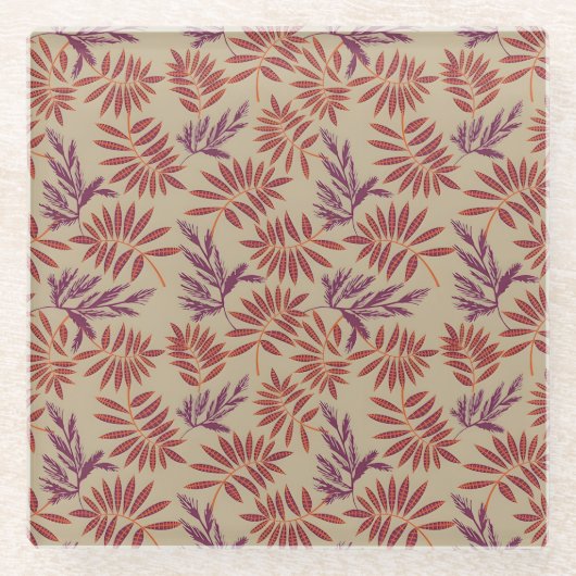 Lively Red and Purple Leaf Motifs on Neutral Beige ガラスコースター (正面)