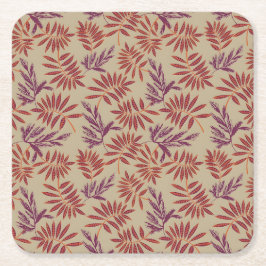 Lively Red and Purple Leaf Motifs on Neutral Beige スクエアペーパーコースター
