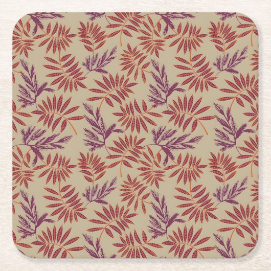 Lively Red and Purple Leaf Motifs on Neutral Beige スクエアペーパーコースター (正面)
