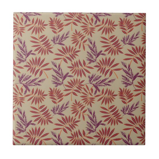 Lively Red and Purple Leaf Motifs on Neutral Beige タイル (正面)