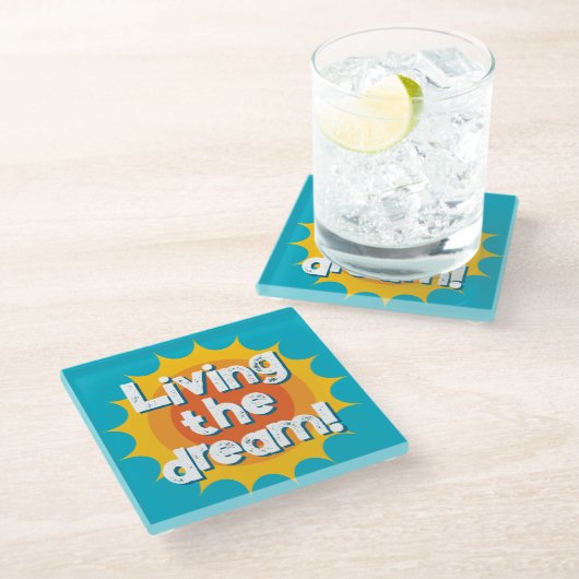 Living the dream fun glass coaster for drinks ガラスコースター (アングル)