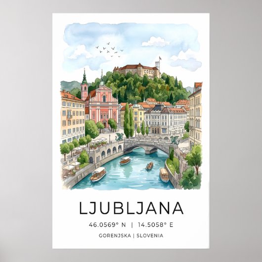 Ljubljana Wall Art Print Teal River and Castle ポスター (正面)