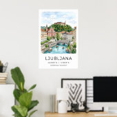 Ljubljana Wall Art Print Teal River and Castle ポスター (ホームオフィス)
