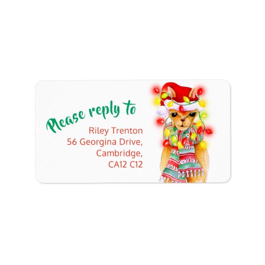 Llamaウィムシーな水色のクリスマスの返信 ラベル (正面)