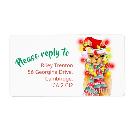 Llamaウィムシーな水色のクリスマスの返信 ラベル (正面)