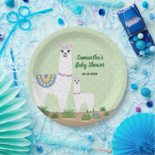 Llamaママおよびベビーの緑の水玉模様のベビーシャワー ペーパープレート (パーティー)