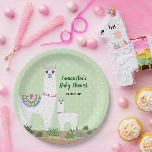 Llamaママおよびベビーの緑の水玉模様のベビーシャワー ペーパープレート (パーティー)