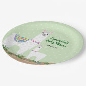 Llamaママおよびベビーの緑の水玉模様のベビーシャワー ペーパープレート (アングル)