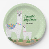 Llamaママおよびベビーの緑の水玉模様のベビーシャワー ペーパープレート (正面)