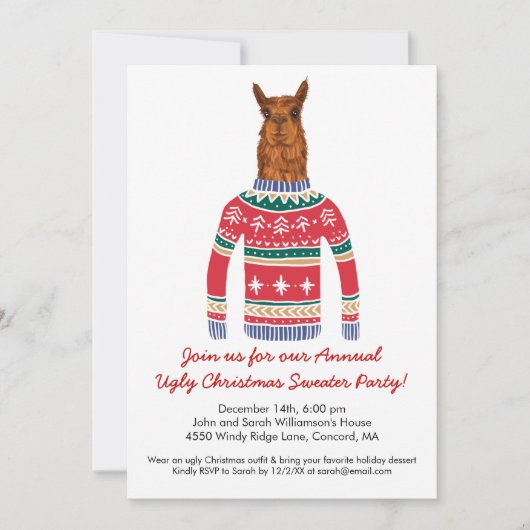 Llama醜いおもしろいクリスマス北欧セーターを着て 招待状 (正面)