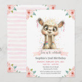 Llama Alpaca Floral Birthday Party 招待状 (正面/裏面)