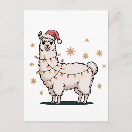 Llama Alpaca With Santa Hat And Christmas Light 案内ポストカード (正面)