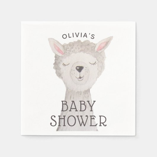Llama Baby Shower | Neutral Cute Watercolor Alpaca スタンダードカクテルナプキン (正面)