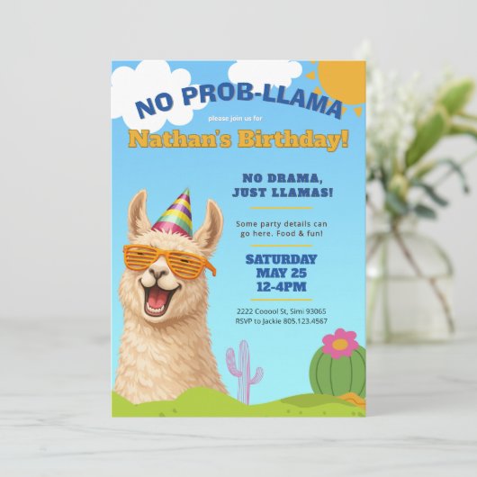 Llama Birthday Party Invite, No Prob-Llama 招待状 (スタンド正面)