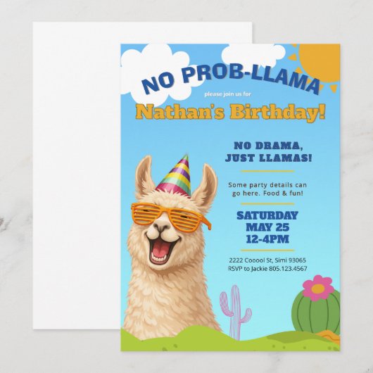Llama Birthday Party Invite, No Prob-Llama 招待状 (正面/裏面)