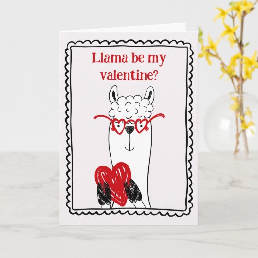Llama By My Valentine Funny Kids Valentine's Day カード (黄色い花)