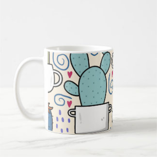 Llama Cactus:手描きシームレスデザイン コーヒーマグカップ