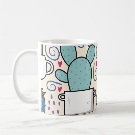 Llama Cactus:手描きシームレスデザイン コーヒーマグカップ (左)