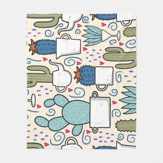 Llama Cactus:手描きシームレスデザイン フリースブランケット (正面)