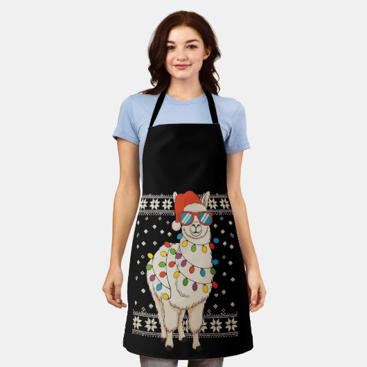 Llama Christmas Lights Ugly Xmas Sweater Holiday エプロン (着用した状態)