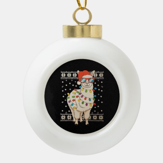 Llama Christmas Lights Ugly Xmas Sweater Holiday セラミックボールオーナメント (正面)