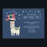 Llama in クール Santa Hat with Snowflakesパーティー 招待状<br><div class="desc">クリスマスパーティの招待状とおもしろいイラストレーション。黒いサングラスと赤いサンタ帽をかぶった可愛いラマ。また、南米のスタイルの毛布とpom-pomsを着ている。Joyという言葉は書、フェスティバルカラフルフォントで彼の頭の上にある。青い雪が降り落ちる。青い背景に設定。おもしろいお洒落のクリスマスをテーマにしたデザイン。</div>