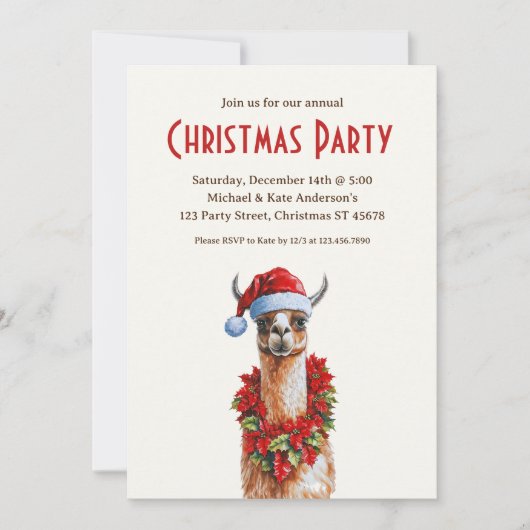 Llama in a Santa Hat Pointsettiasクリスマスパーティー 招待状 (正面)