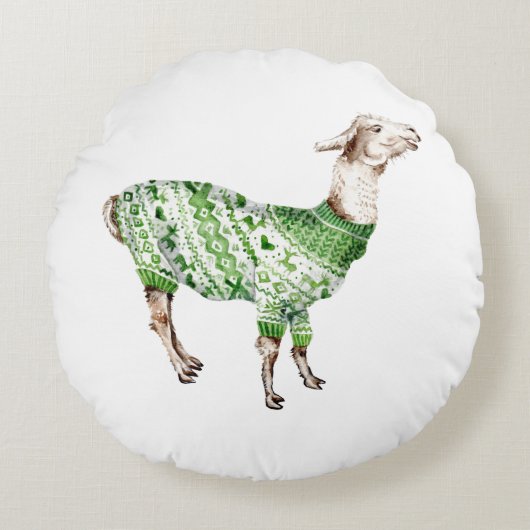 Llama in Green Sweater ラウンドクッション (正面)