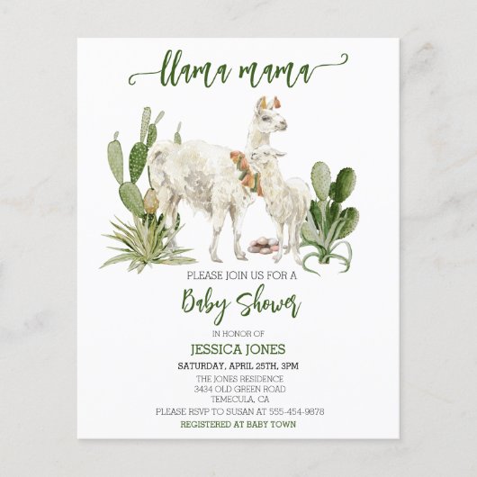 Llama Mama Baby Shower Budget Fiesta Cactus (正面)