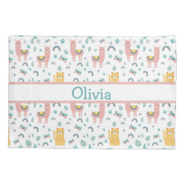 Llamas Cats Alapaca Pink Name Animals Boho 枕カバー