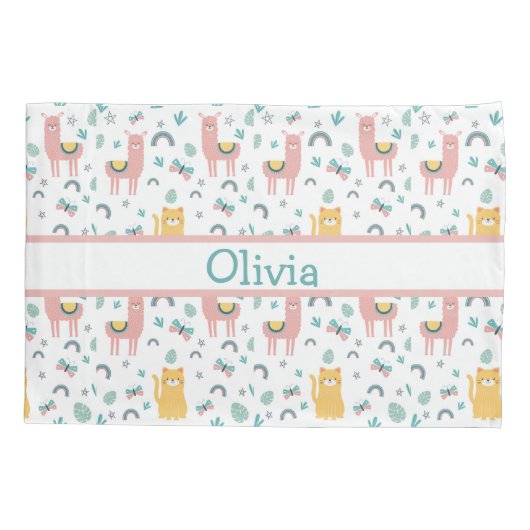 Llamas Cats Alapaca Pink Name Animals Boho 枕カバー (裏面)