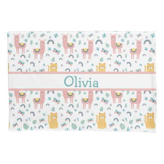 Llamas Cats Alapaca Pink Name Animals Boho 枕カバー (正面)