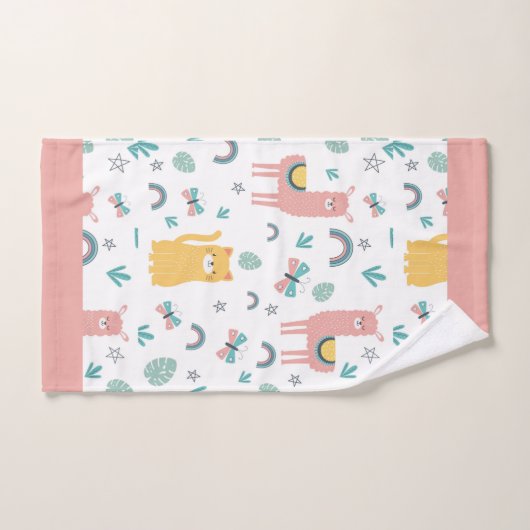 Llamas Cats Alapaca Pink Trim Animals Boho Yoga ハンドタオル (ハンドタオル)
