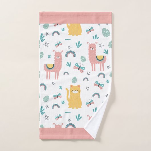Llamas Cats Alapaca Pink Trim Animals Boho Yoga ハンドタオル (ハンドタオル)