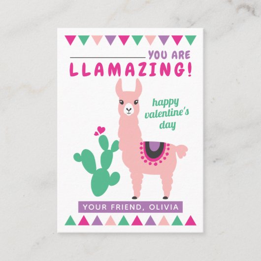 Llamazing Pink Llama Girls Classroom Valentines 名刺 (正面)