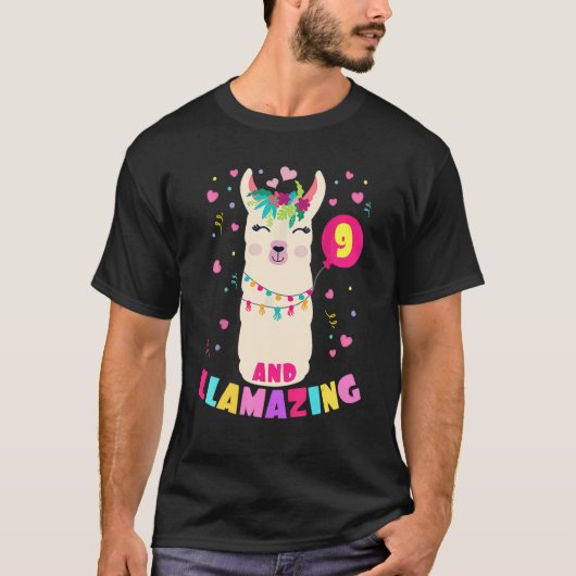 LLAMING 9歳の女の子誕生日かわいいラマアルプ Tシャツ (正面)