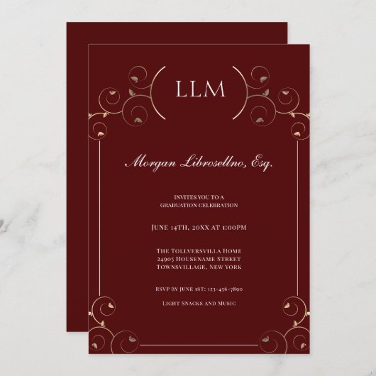 LLMエレガント金ゴールドブルゴーニュ弁護士卒業 招待状 (正面/裏面)