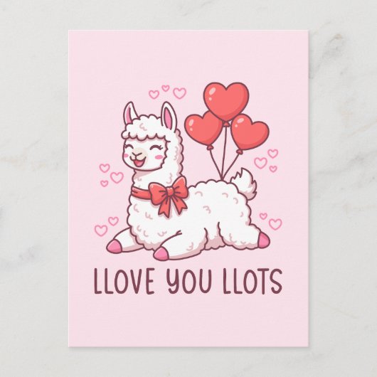 Llove You Llots - かわいいラマ バレンタイン ポストカード (正面)