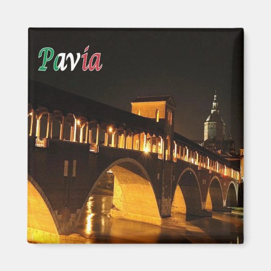 LMD045 PAVIA The Covered Bridge by Night、冷蔵庫 マグネット (正面)