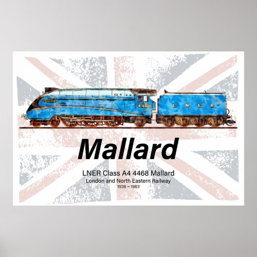 LNERクラスA4 Mallard機関車のプロフィールと旗 ポスター (正面)
