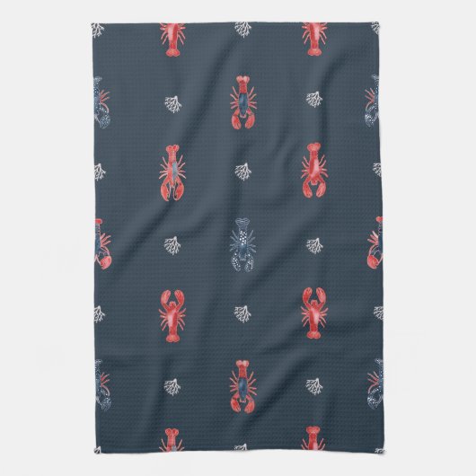 Lobster and Sea Coral Pattern on Navy キッチンタオル (縦)