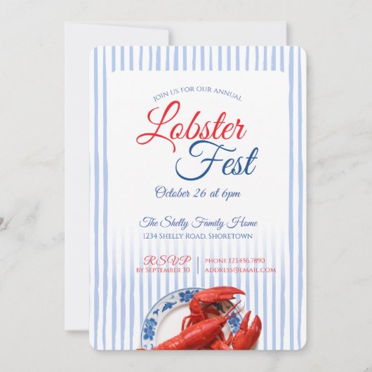 Lobster Fest Coastal Seafood Nautical Stripe Party 招待状 (正面)