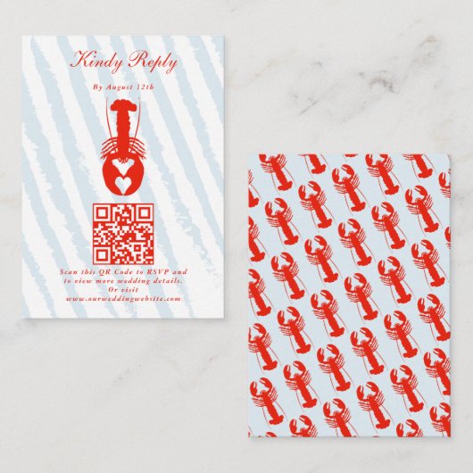 Lobster Heart Blue Stripes Nautical Beach Wedding エンクロージャーカード (正面/裏面)