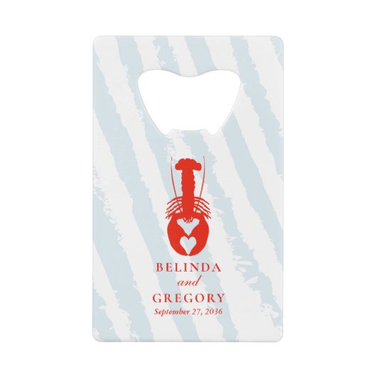 Lobster Heart Blue Stripes Nautical Beach Wedding クレジットカード栓抜き (正面)