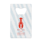 Lobster Heart Blue Stripes Nautical Beach Wedding クレジットカード栓抜き (裏面)