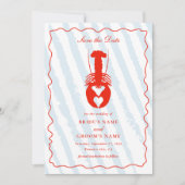 Lobster Heart Blue Stripes Nautical Beach Wedding セーブザデート (正面)