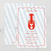 Lobster Heart Blue Stripes Nautical Beach Wedding セーブザデート (正面/裏面)